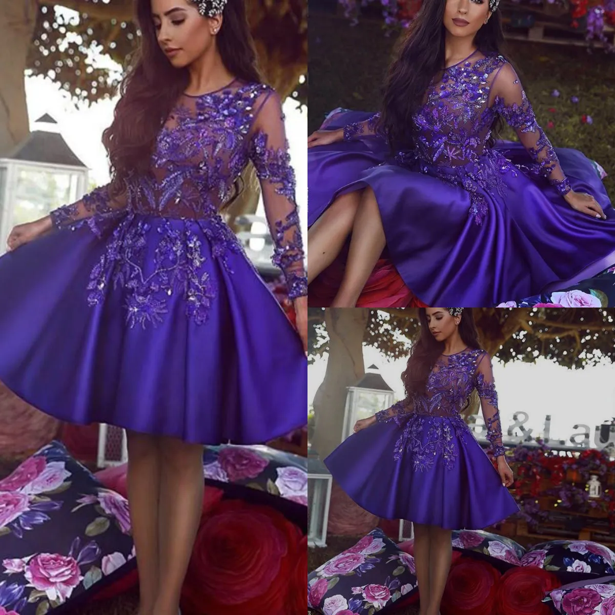 Charmoso 2019 Vestidos de Boas-Vindas Cetim Renda Apliques Miçangas Manga Longa Vestido de Baile Curto Vestido de Festa Vestido de Coquetel Dubai Vestidos Feitos sob Medida