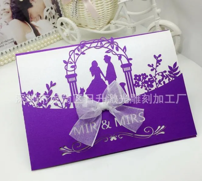 2018 New Bride & Groom Wedding Party Invitation Cards Laser Cut Ribbon Wedding Invitations support Customized Printing