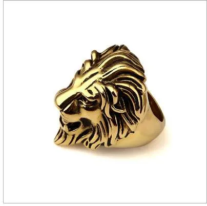 Men's Stainless Steel Gold Color Big Leo Lion King Face Head Band Ring Size 7-15 Hip Hop Punk Style Jewelry