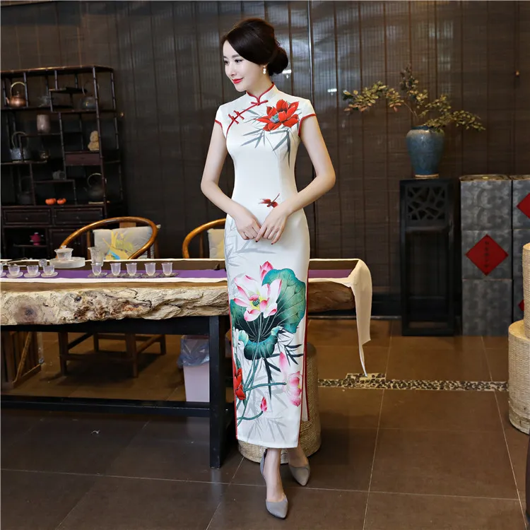 2020 impresso tradicional chinesa Cheongsams Longo baratos Bainha Dividir alta Neck Verão Mulheres Cheongsam formal Vestidos Vintage