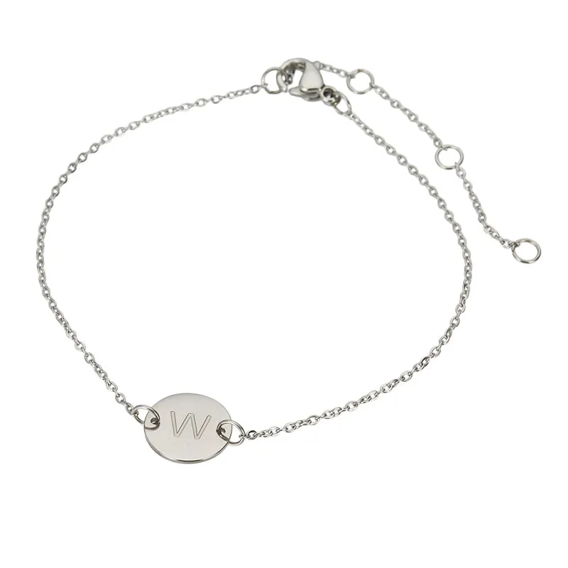 26 Initialen Buchstaben-Scheiben-Armband für Damen, silberfarben, Edelstahl, polnische Kette, Buchstaben-Scheiben-Charm-Armbänder, Fußkettchen, BR1443