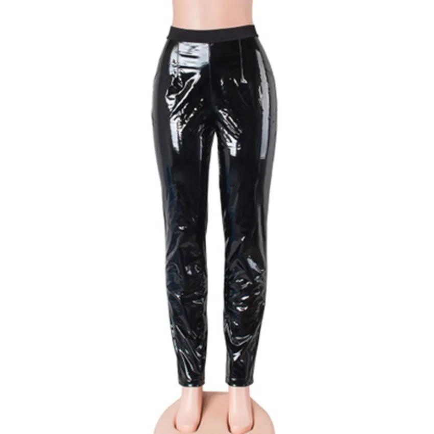 Women Ladies Vinyl PVC Wet Look Shiny Disco Elasticated High Waist Leggings  Pant