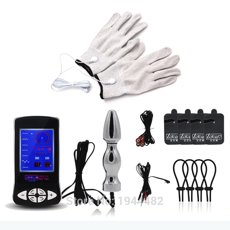 Electric Shock Kit Penis Extender Cock Ring Clitoris Massage Stimulate Pads Vagina Anal Plug Gloves Sex Toy For Men Women Set Y18102306