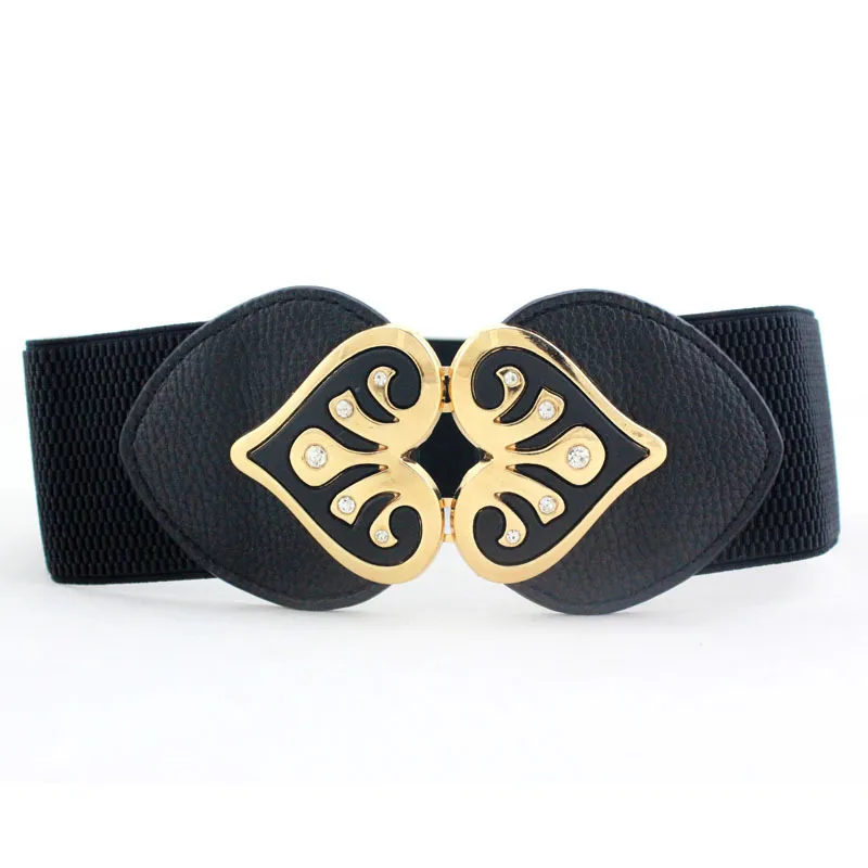 Nouveau Design femmes large élastique Cummerbund ceinture dames Double en forme de coeur strass boucle taille ceintures mode ceinture ceinture