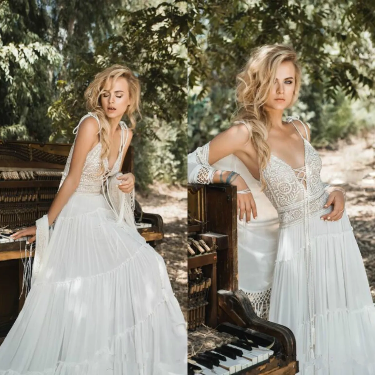 2018 inbal riviv bohemian praia vestidos de noiva com jaqueta envoltório modesto spaghetti vintage crochet lace chiffon férias vestido de noiva barato