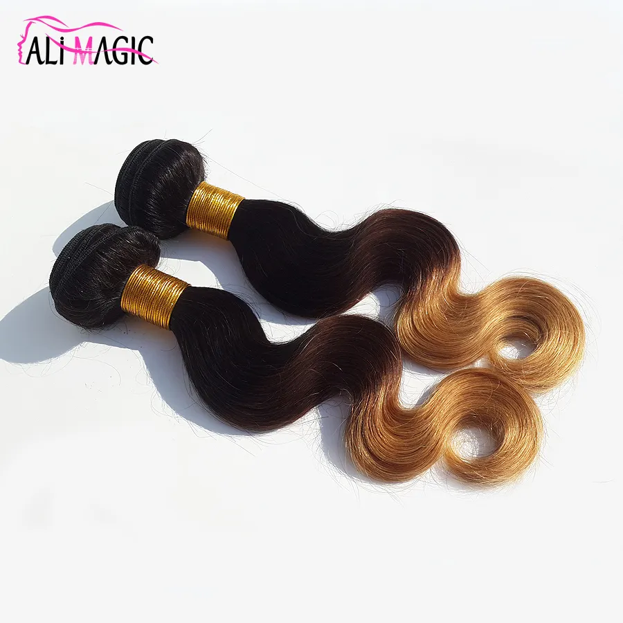 Alimagic Factory Outlet Three Tone Body Wave Ombre Hair Weave 1B/4/27 Blond Ombre Virgin Human Hair 100G/PCS BRAZILIAN PERUSTIAN