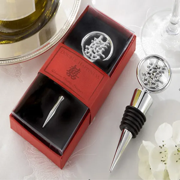 Hot Sell 300pcs "Double Happiness" Elegant Chrome Wine Bottle Stopper i Asian-Themed Presentförpackning Bröllop Favoriter