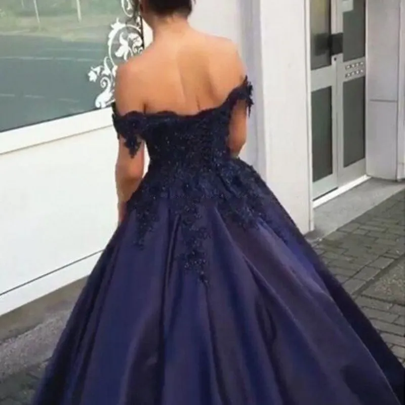 Off Shoulder Appliques Beaded Satin Formal Prom Evening Dresses Long Ball Gown Quinceanera Sweet 16 Navy BluePurpleBurgundy7137032