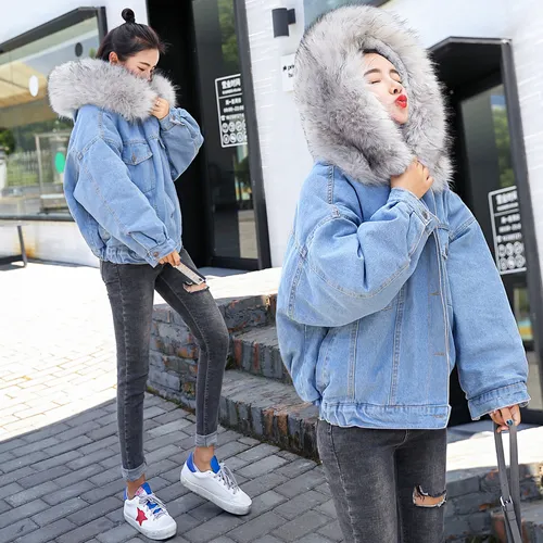 Women s Denim Jacket Casual Loose Hooded Faux Fur Collar Harajuku Short Jeans Coats Autumn Winter Fashion
