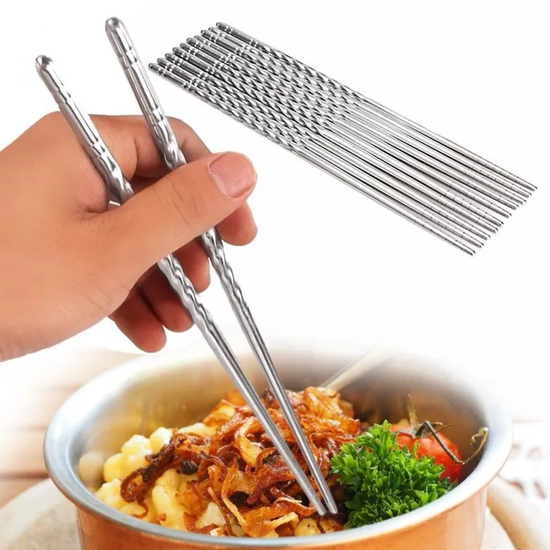 1 Pairs Stainless Steel Sliver Chopsticks Chinese Reusable Non-Slip Sushi Sticks Food Chop Sticks Kitchen Accessories