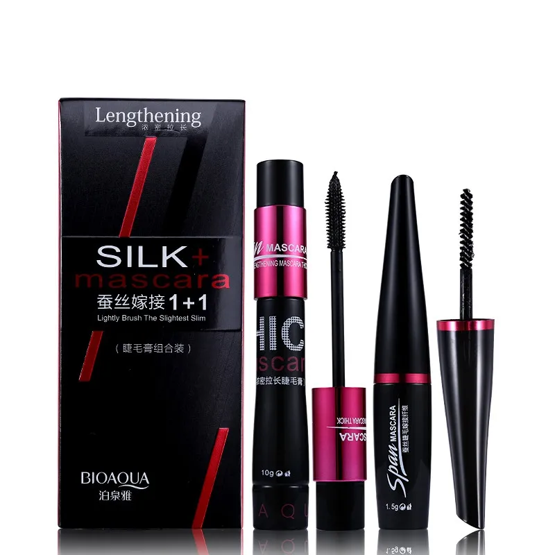 BioAqua Merk 2 stks / set Black Mascara Waterdichte zijde Vezel Volume Dubbele Effect Langdurige verlengde Curling Eyes Make-up