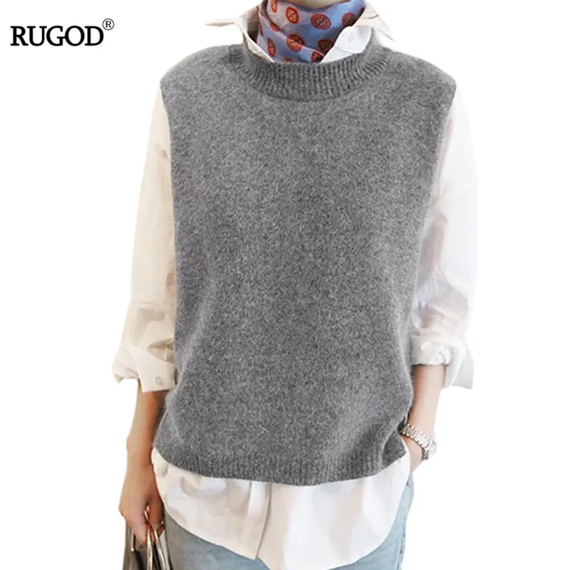 Rugod 2017 Kvinnors Höst Vinter Casual Loose Wool Sweater Vest Ärmlös O-Neck Strikkad Cashmere Västar Kvinna Jumper Grå Toppar