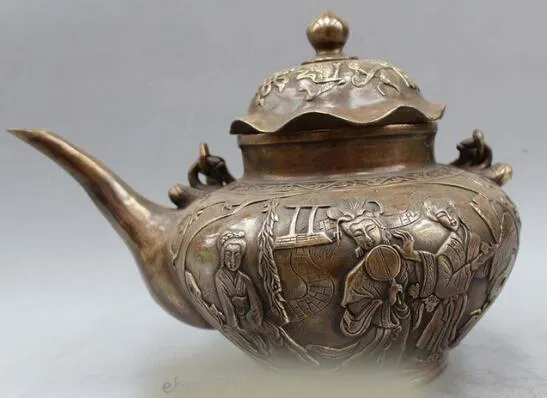 10" China Chinese Bronze Three Belle 8 treasure Statue TeaPot Wine Pot Flagon