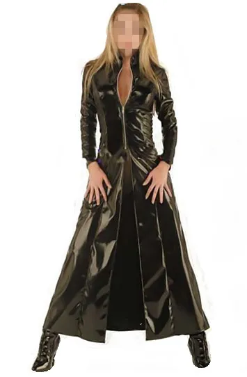 Moda Seksi Artı Boyutu Vinil Clubwear Balck PVC Faux Deri Uzun Kollu Gotik Uzun Ceket M7089