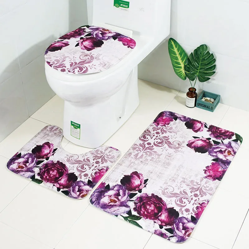 ZEEGE BLOEMEN 3 stks badkamer mat set anti-slip badkamer vloer vloerkleden kussen toiletzitje deksel toiletbad mat tapijt set