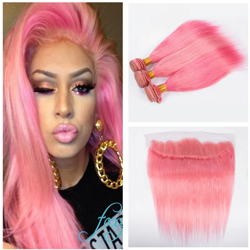 8A Light Pink Human Hair Bundles with Frontal Silky Straight Pink Color Hair Extensions Bundles with Full Lace Frontal Pink Virgin Hair