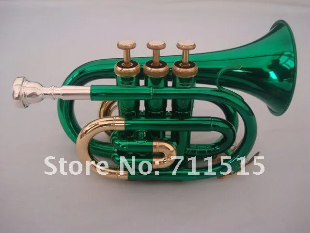 Tromba Pocket Bb di spedizione gratuita Suonare lo strumento di musica classica Corpo in ottone di alta qualità Tromba a superficie verde unica
