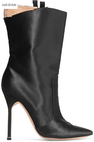 2018 mulheres da moda botas de seda preta dedo do pé apontado botas mulheres sapatos de festa ankle boots de salto fino vestido sapatos de salto alto botas