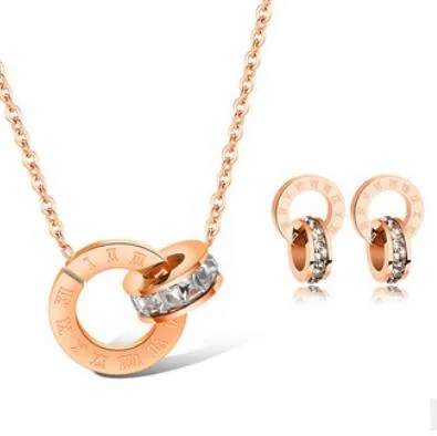 jewelry jewelry sets for women rose gold color double rings earings necklace titanium steel sets hot fasion