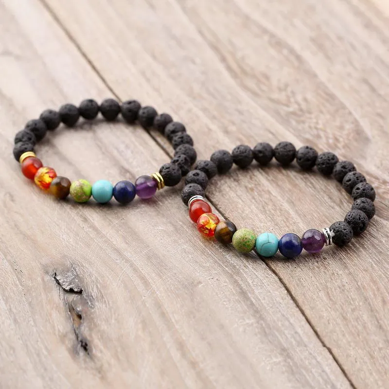 Bracciale con diffusore in pietra lavica 7 Chakra, gioielli con ciondoli meditazione, pietre naturali aromaterapia, braccialetti con ciondoli essenziali naturali