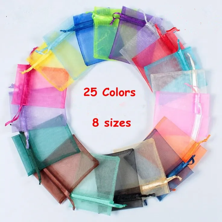 25 Colors Gift Wrap Organza Bags Jewelry Bag 7x9 9X12 10x15 13x18cm Wedding Party Decoration Drawable Bags Gift Pouches 100pcs/ lot