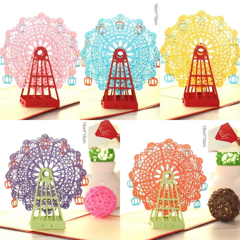 Greeting Cards Handmade 3D Ferris Wheel Origami 3D Pop Up Paper Laser Cut Vintage Post Cards Happy Birthday Gifts Kraft