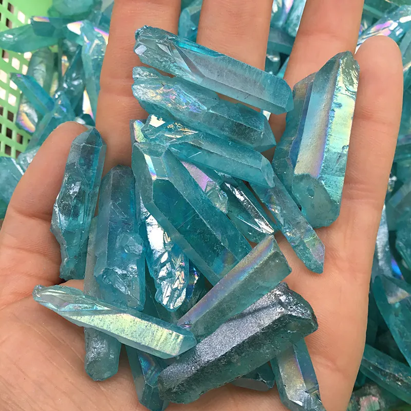 Blue Aura Titanium Clear Quartz Pendant Natural Raw Crystal Wand Point Rough Reiki Healing Prism Cluster Necklace Charms Cr1297025