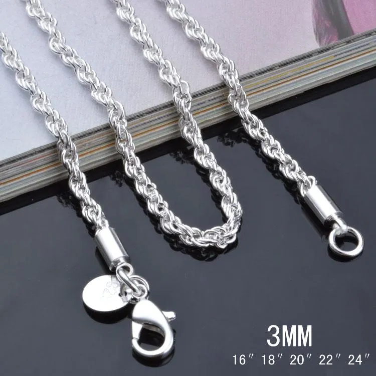 Niska cena Hurtownie 3mm 925 Sterling Posrebrzany Twisted Lina Łańcuch Naszyjnik 16-24 cali Moda Prezent Biżuteria dla mężczyzn i kobiet