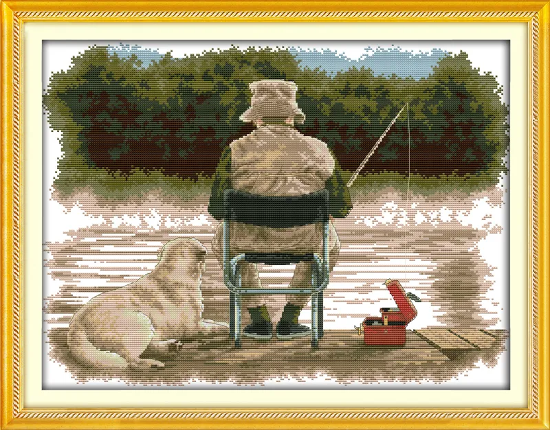 Old Man and Dog Fishing Decor obrazy, Handmade Cross Stitch Hafty Robótki Zestawy Liczono Drukuj na płótnie DMC 14CT / 11CT