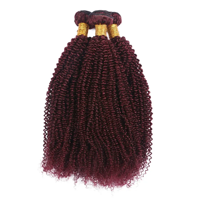 Colored #99J Wine Red Malaysian Human Hair Bundle Deals Kinky Curly Weave Bundles Virgin Burgundy Human Hair Extensions