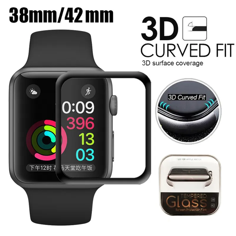 Apple Watch 3D 전체 범위 강화 유리 스크린 프로텍터 40mm 42mm 38mm 44mm 안티 스크래치 버블 프리 IWatch Series 1 / 2 / 3/4