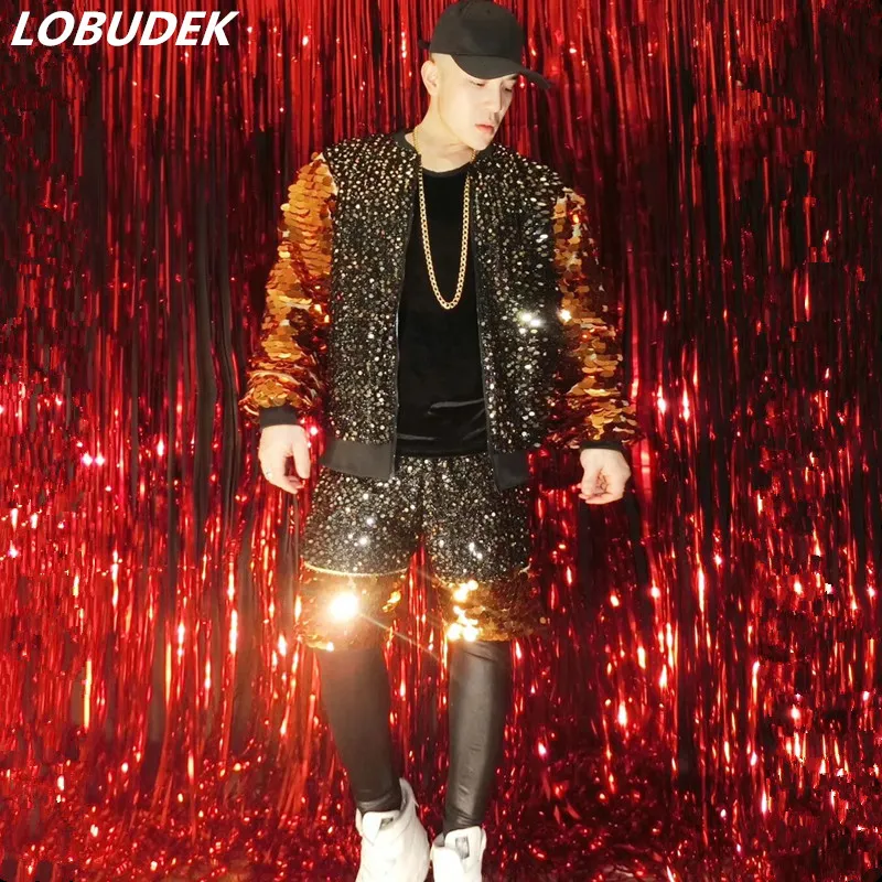 Бар мужской рок -хип -хоп сцены износа танцовщица певицы золотой апельсиновая блестка брюки 2 кусок набор ночного клуба.
