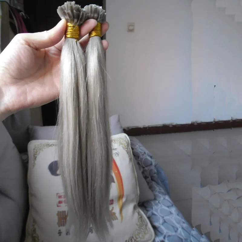 Silver Grå Nail U Tips Människans hårförlängning 100g Keratin Kapslar Human Fusion Pre Bonded Hair 100s / Pack Extension Grey Cheratina