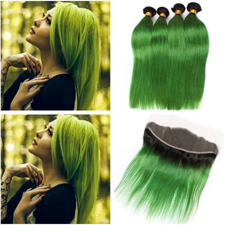 Ombre Verde Virgem Do Cabelo Humano Brasileiro 4 Pacotes com Fechamento de Renda Frontal 13x4 Em Linha Reta # 1B / Verde Ombre Cabelo Humano Tece com Frontal