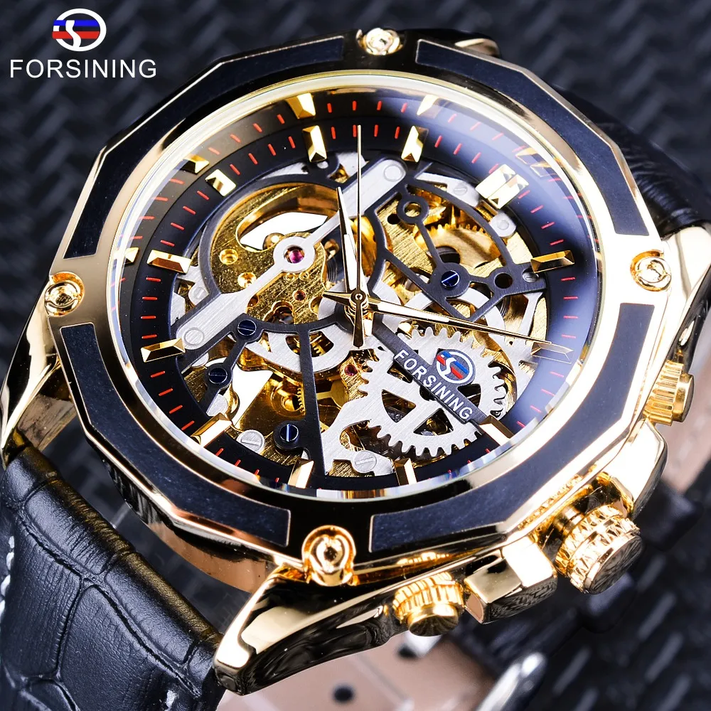 Forsining Cassa trasparente Movimento a ingranaggi Steampunk Men Automatic Skeleton Watch Top Brand Open Work Design Carica automatica