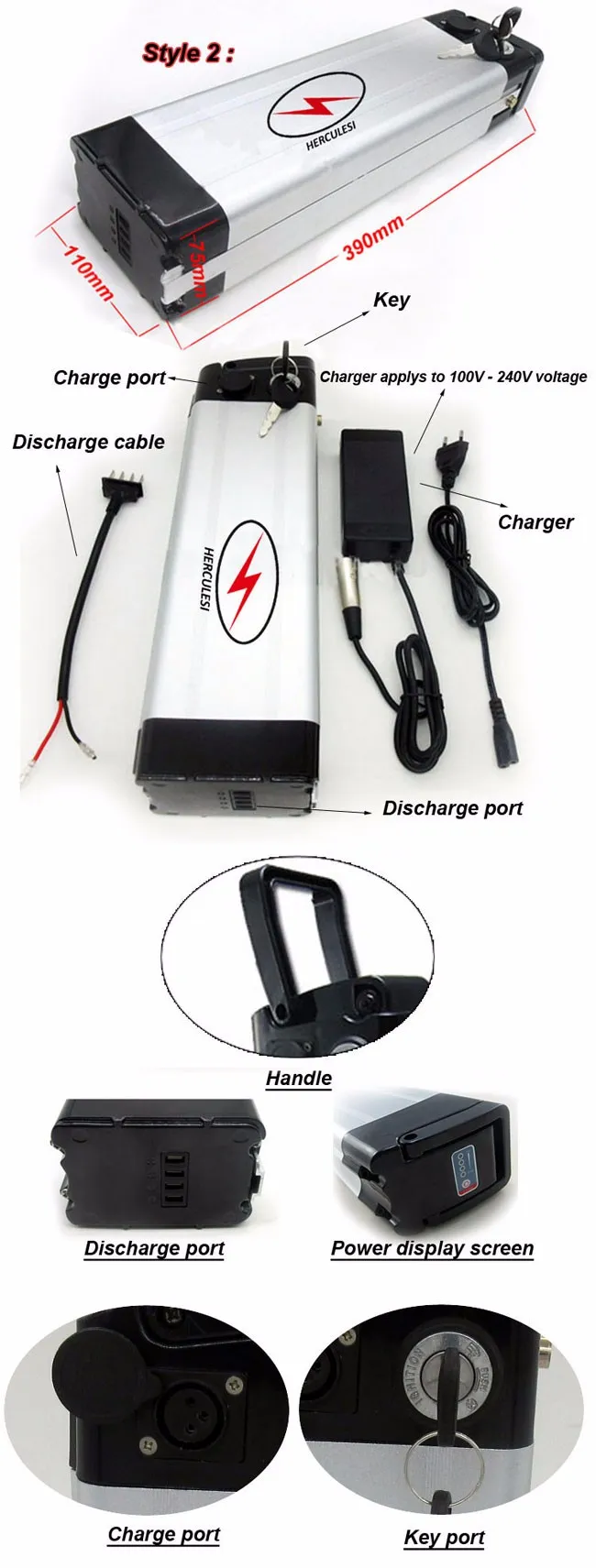 Rainproof Power Supply 500W E-Bike Battery 36V Lithium Battery Pack in 15A BMS li-Ion 18650 Samsung with 2A  21Ah Battery