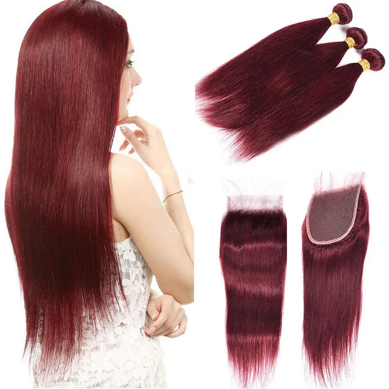 Chegam novas Vinho Tinto 99J Cabelo Liso 3 Pacotes com Fecho rendas Borgonha Peruano Cabelo Humano Tece Extensões com Fecho de Renda