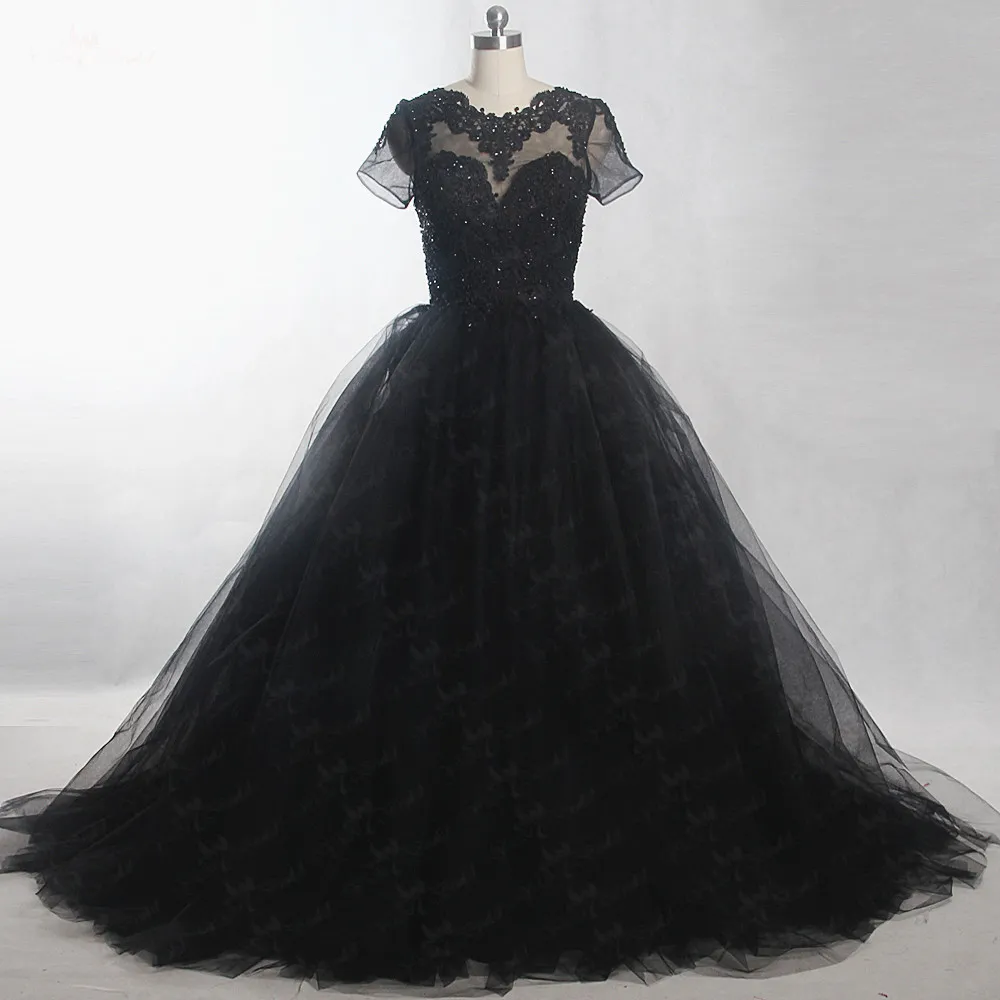 Robe de mariée noire sexy 2018 avec manches courtes en tulle col transparent style bijou robe de bal tribunal train robes de mariée à paillettes perlées pas cher