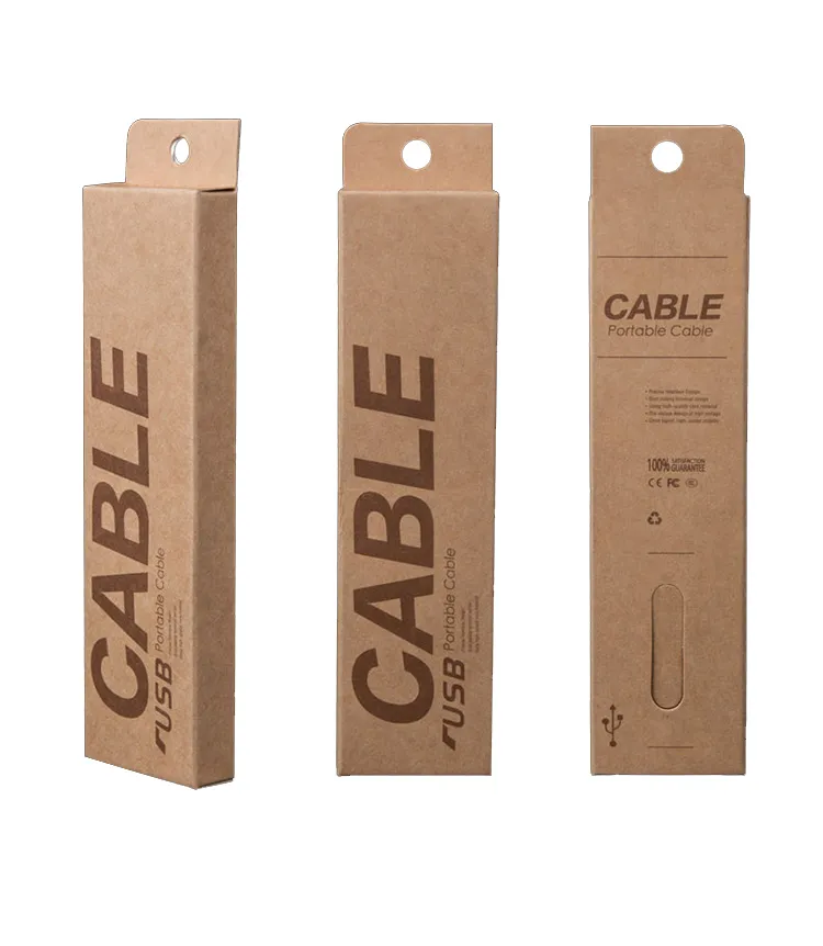 Custom LOGO Design Cardboard Kraft Paper Box for Protable Cables Retail Paper Packaging for USB Cables with Hang Hole