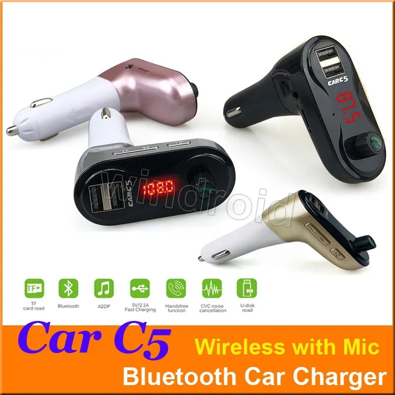 Samochód C5 Multifunction Bluetooth Nadajnik 2.1A Podwójna ładowarka samochodowa USB z MIC odtwarzacz MP3 Zestaw samochodowy Support TF Zestaw głośnomówiący z detalicznym Bocx