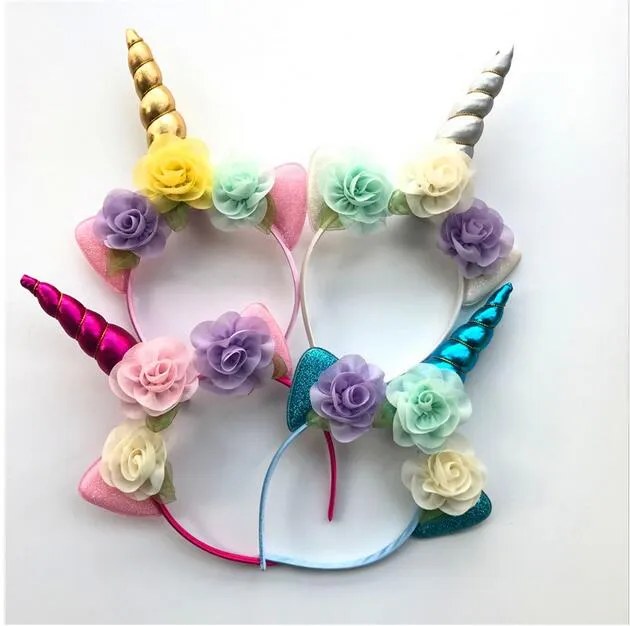 2018 Glitter Metalik Unicorn Kafa Kız Şifon Çiçekler Hairband Çocuklar Için yaprak çiçek Unicorn Boynuz Parti Saç Aksesuarları GA215