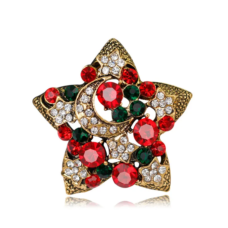 Vintage Rhinestone Altın Gümüş Kaplama Noel Broş Basit Yıldız Ay Broş Pins Noel Hediyeleri Parti Süs Moda Takı