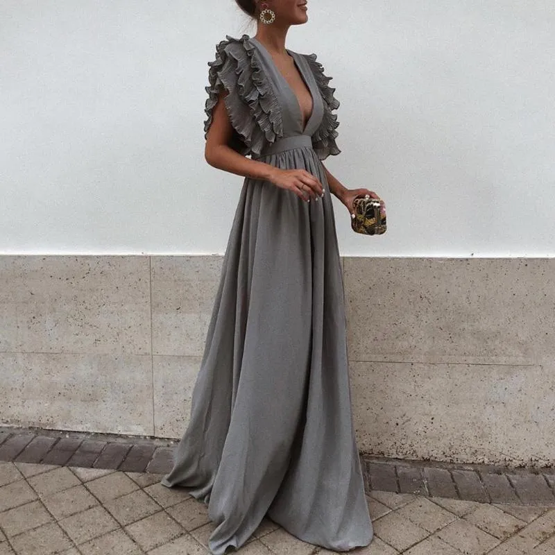 2018 Nouvelle Mode Femmes Robe Sexy Gris Col en V Dos Nu Volant Manches Courtes Maxi Robe D'été Solide Beach Party Longue Robe D1891304