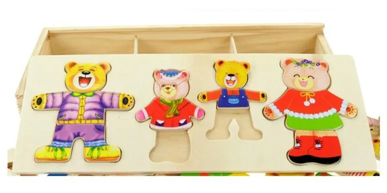 Baby Wood Puzzle Toys Little Bear Change Cloths Barnens tidiga utbildning Träspuspusselklädspel