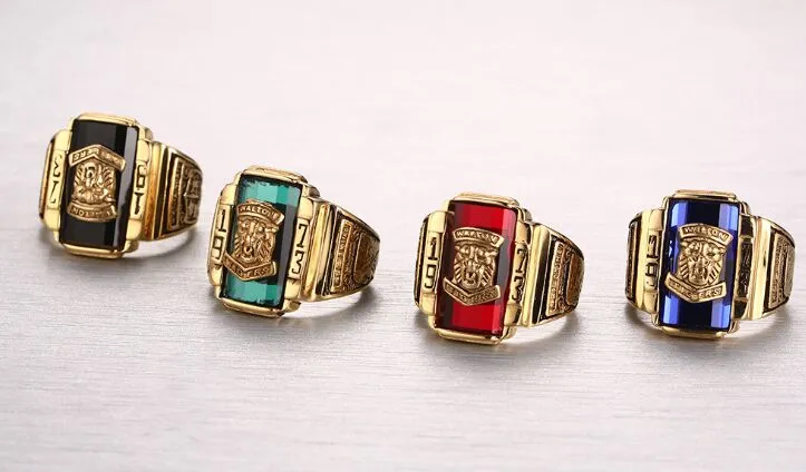 Rostfritt stål RedblackGreenBlue Rhinestone 1973 Walton Tigers Signet Ring för Men18K Guldpläterad storlek 7119933751