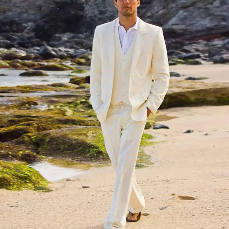 Summer Beach Ivory Linen Men Suits Wedding Suit Casual Suits Groom Bridegroom Tuxedos Lapel Coat Pant 3 Piece Jacket +Pants+Tie