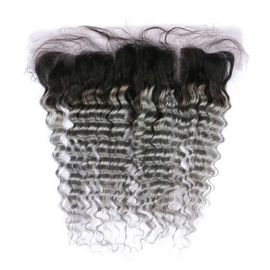 8a malaysiska djupvåggrå mänskliga hår 3 buntar med spets frontal 2 ton 1b grå lockigt ombre jungfru hår väver DHL 9877274