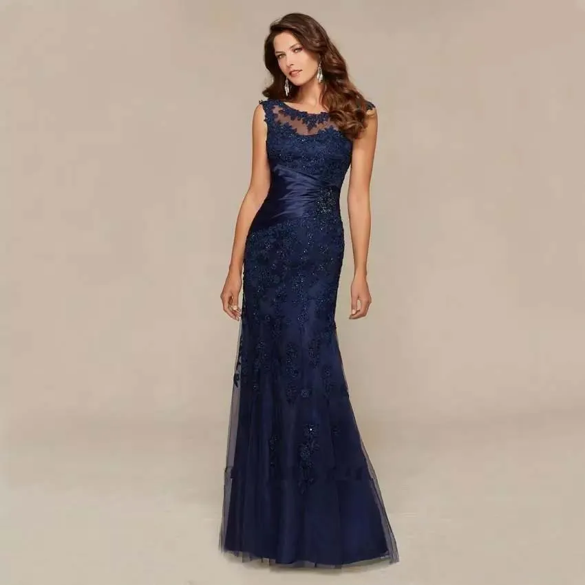 Azul marino Lace Sirena Madre de la novia Vestidos 2022 Apliques Abalorios Tardes formales Vestidos de baile Robe de Soiree