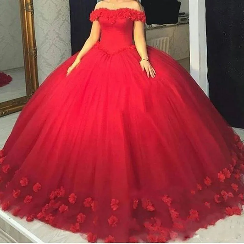 Appliques Puffy Ball Gown Quinceanera Dresses Sweet 16 Off Shoulder Tulle Lace Up Back 2019 Prom Party Pageant For Girls