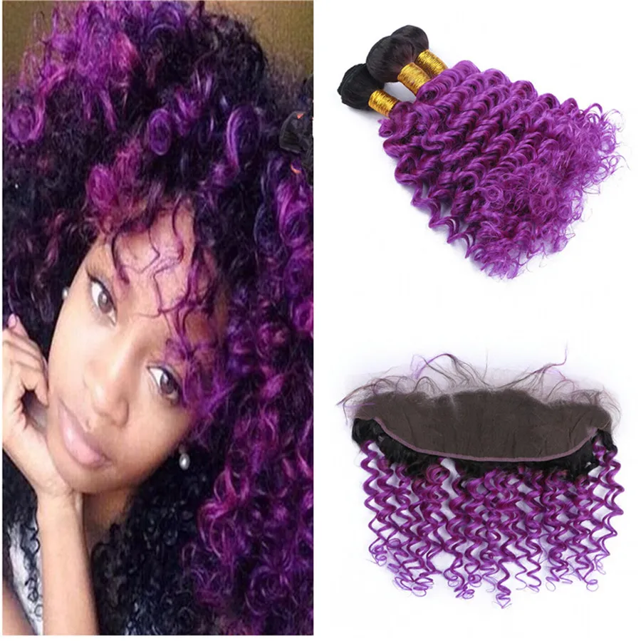 Dois Tom Roxo Ombre Cabelo Humano Tece com Onda Profunda Do Laço Frontal Encaracolado Ombre Cheia Lace Frontal Encerramento com 3 Feixes de Cabelo